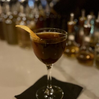 Love Affair Cocktail With St. George Nola Coffee Liqueur, St. George Spiced Pear, Cocchi Di Torino, Orange And Chocolate Bitters, Saline